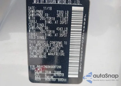 2019 Nissan Armada Sv z USA, uszkodzony, nr VIN JN8AY2ND5K9087286